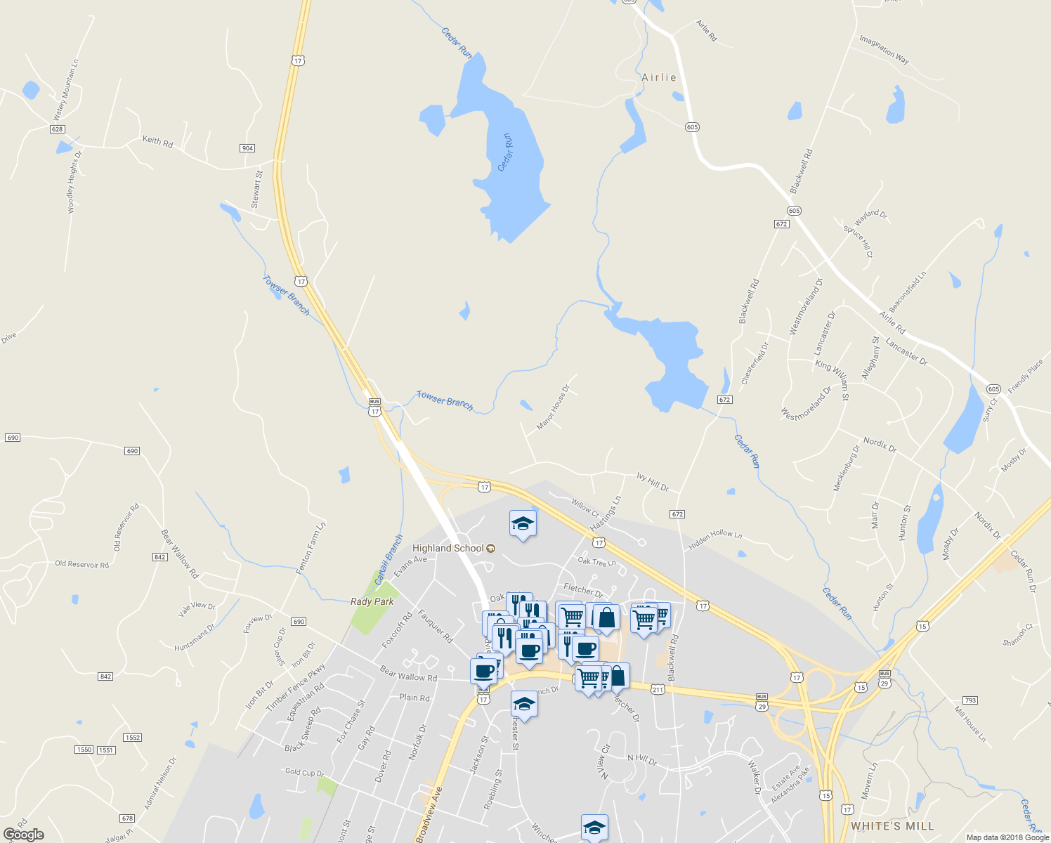 map of restaurants, bars, coffee shops, grocery stores, and more near 7177 Homestead Court in Warrenton