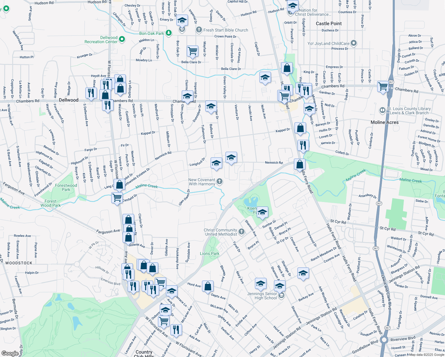 map of restaurants, bars, coffee shops, grocery stores, and more near 9521 Winkler Drive in St. Louis