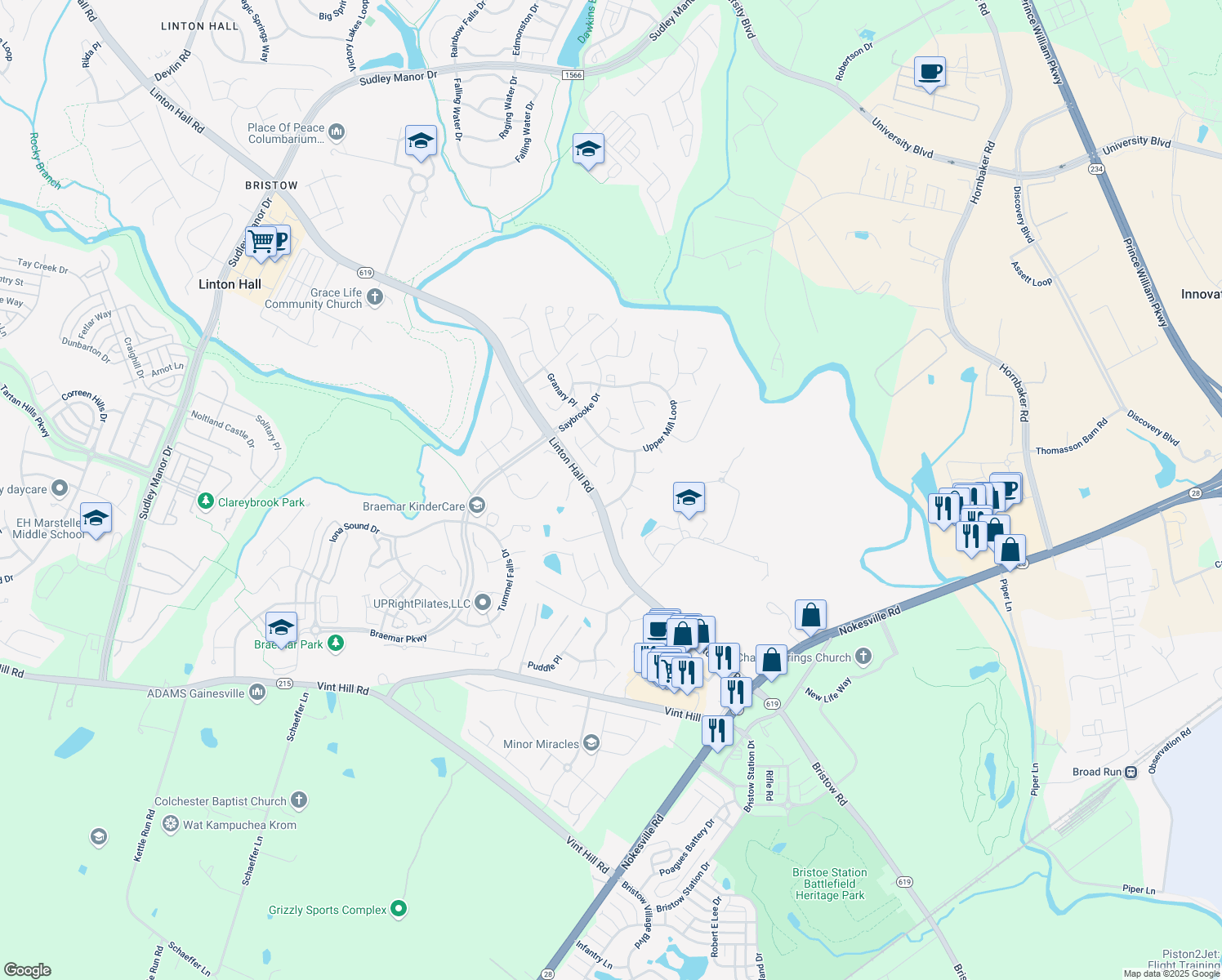 map of restaurants, bars, coffee shops, grocery stores, and more near 12173 Cheshire Court in Bristow