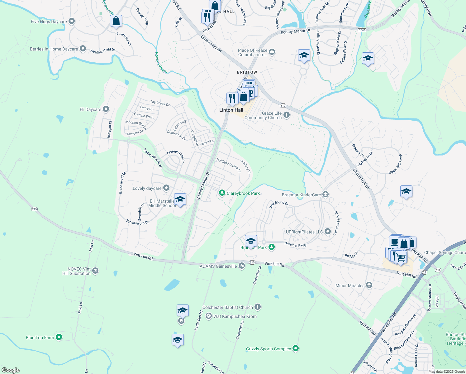 map of restaurants, bars, coffee shops, grocery stores, and more near 9809 Maitland Loop in Bristow