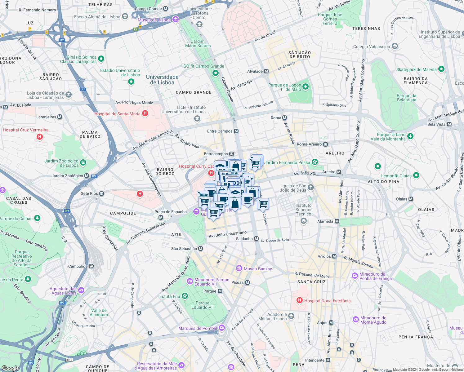 map of restaurants, bars, coffee shops, grocery stores, and more near Avenida 5 de Outubro in Lisboa