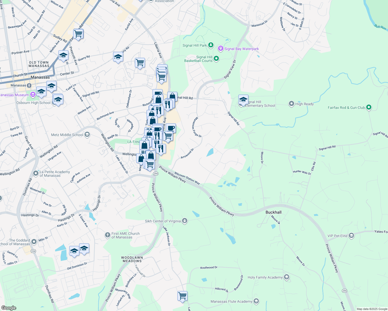 map of restaurants, bars, coffee shops, grocery stores, and more near 8017 Guy Drive in Manassas