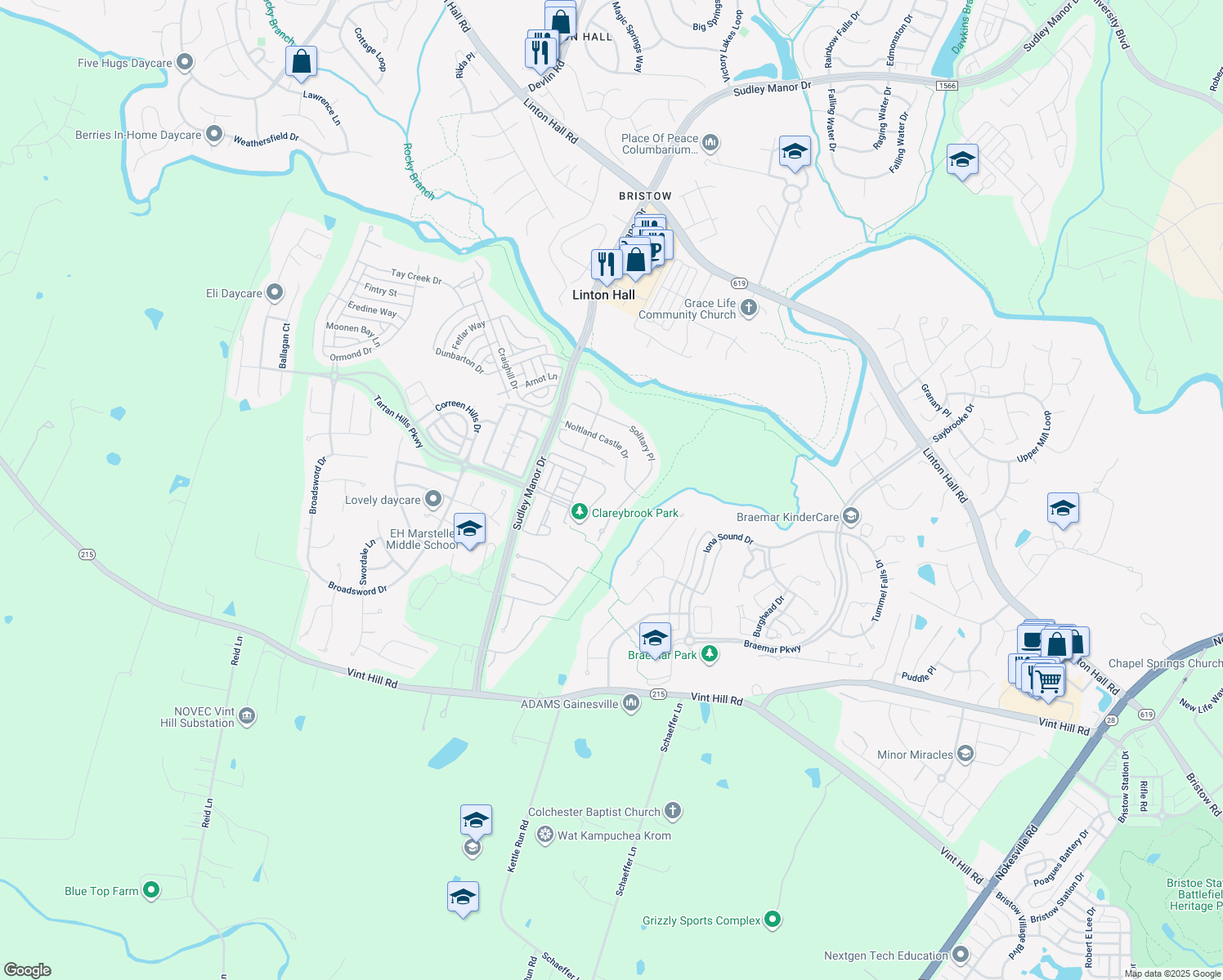 map of restaurants, bars, coffee shops, grocery stores, and more near 9799 Maitland Loop in Bristow