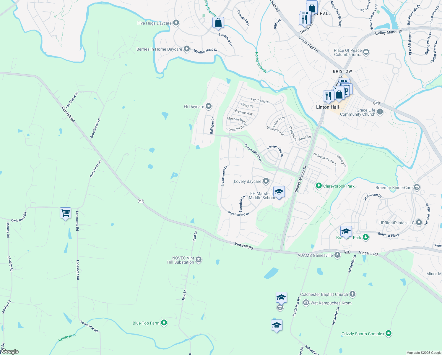 map of restaurants, bars, coffee shops, grocery stores, and more near 10159 Broadsword Drive in Bristow