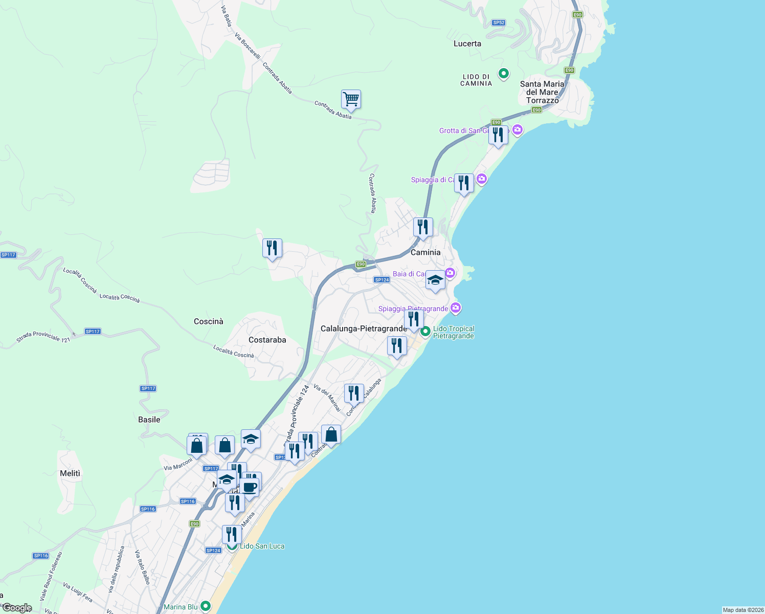 map of restaurants, bars, coffee shops, grocery stores, and more near 45 Contrada Botterio in Calalunga-pietragrande