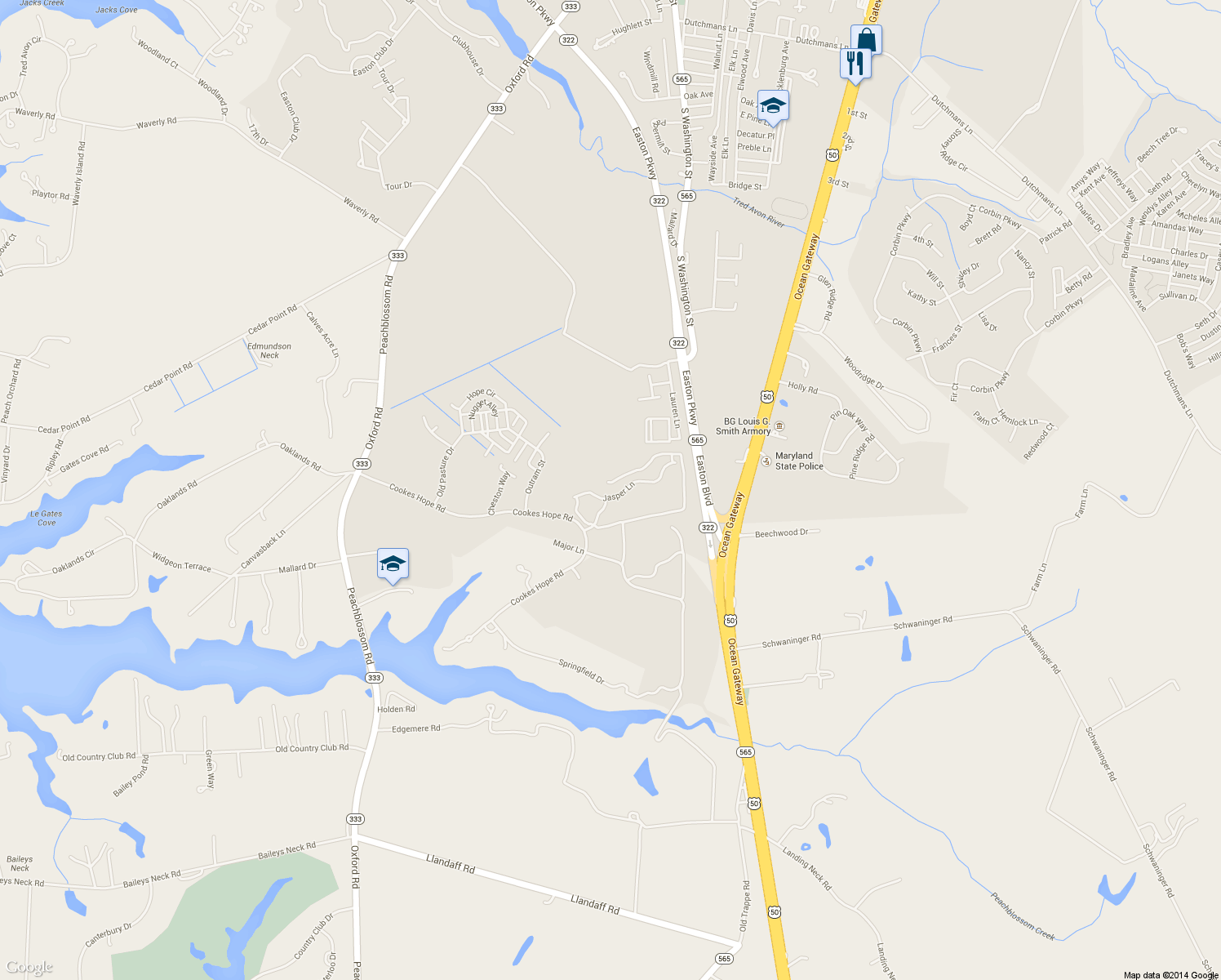 map of restaurants, bars, coffee shops, grocery stores, and more near 28864 Jasper Lane in Easton