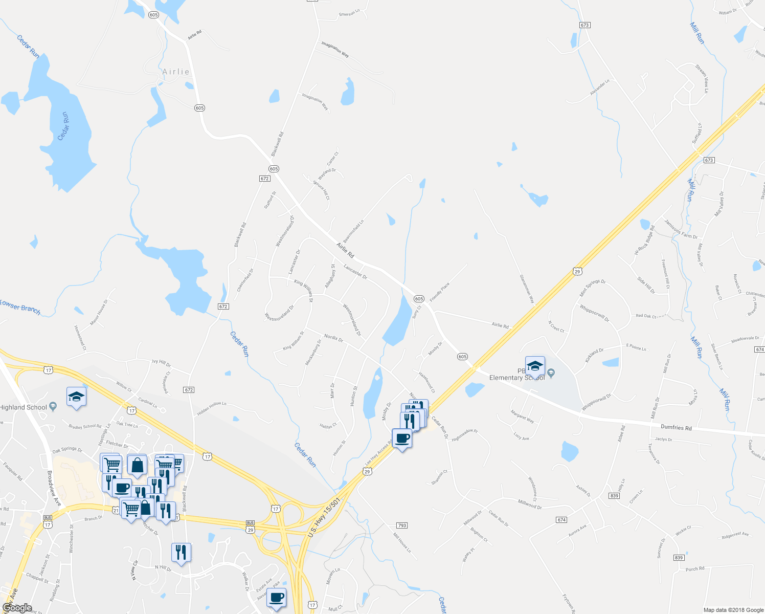 map of restaurants, bars, coffee shops, grocery stores, and more near 6439 Lancaster Drive in Warrenton