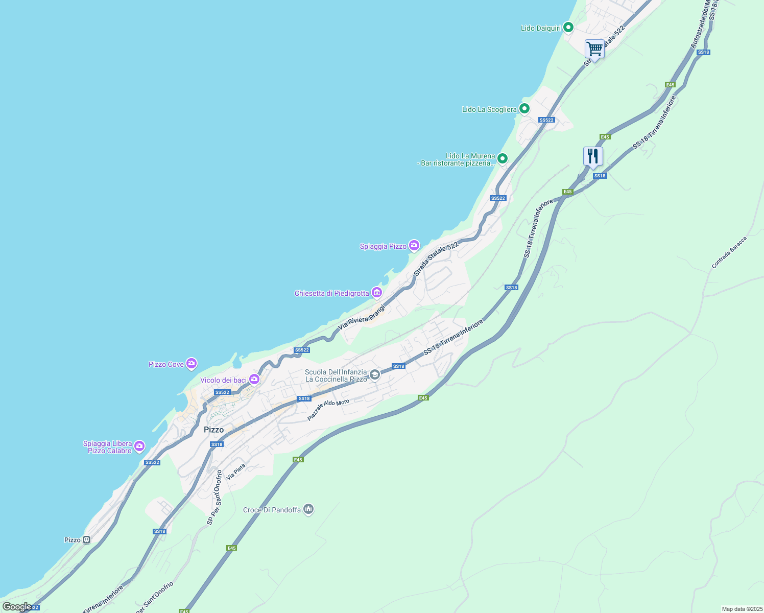 map of restaurants, bars, coffee shops, grocery stores, and more near 120 Via Riviera Prangi in Pizzo