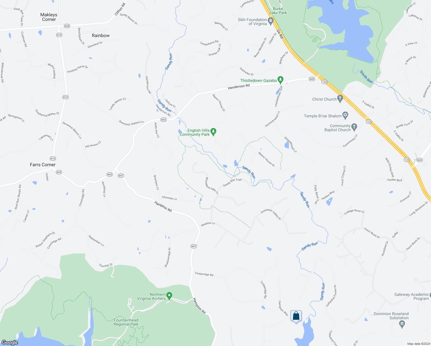 map of restaurants, bars, coffee shops, grocery stores, and more near 8033 Woodland Hills Lane in Fairfax Station