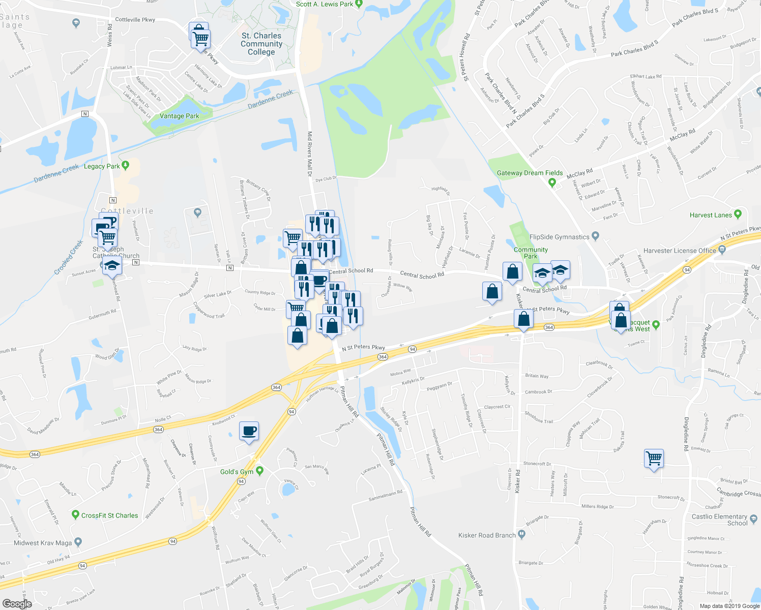 map of restaurants, bars, coffee shops, grocery stores, and more near 59 Cloverdale Drive in Saint Charles