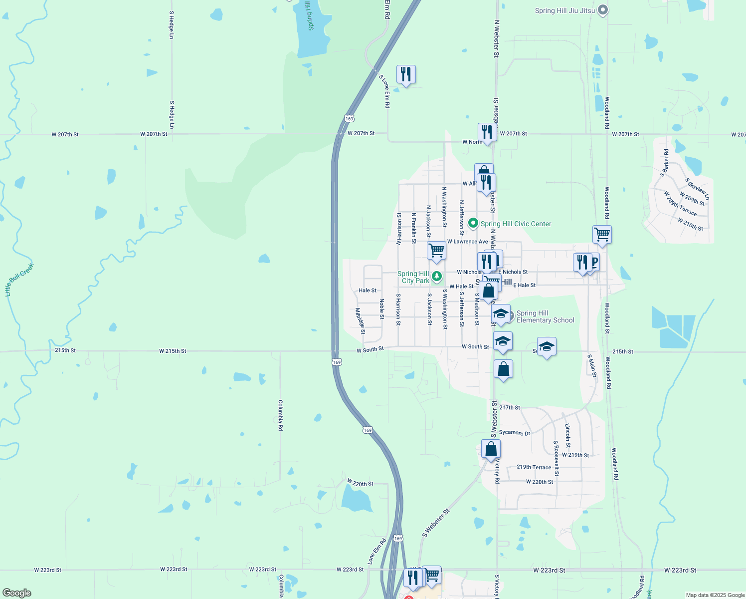 map of restaurants, bars, coffee shops, grocery stores, and more near 21620 Johnson Street in Spring Hill