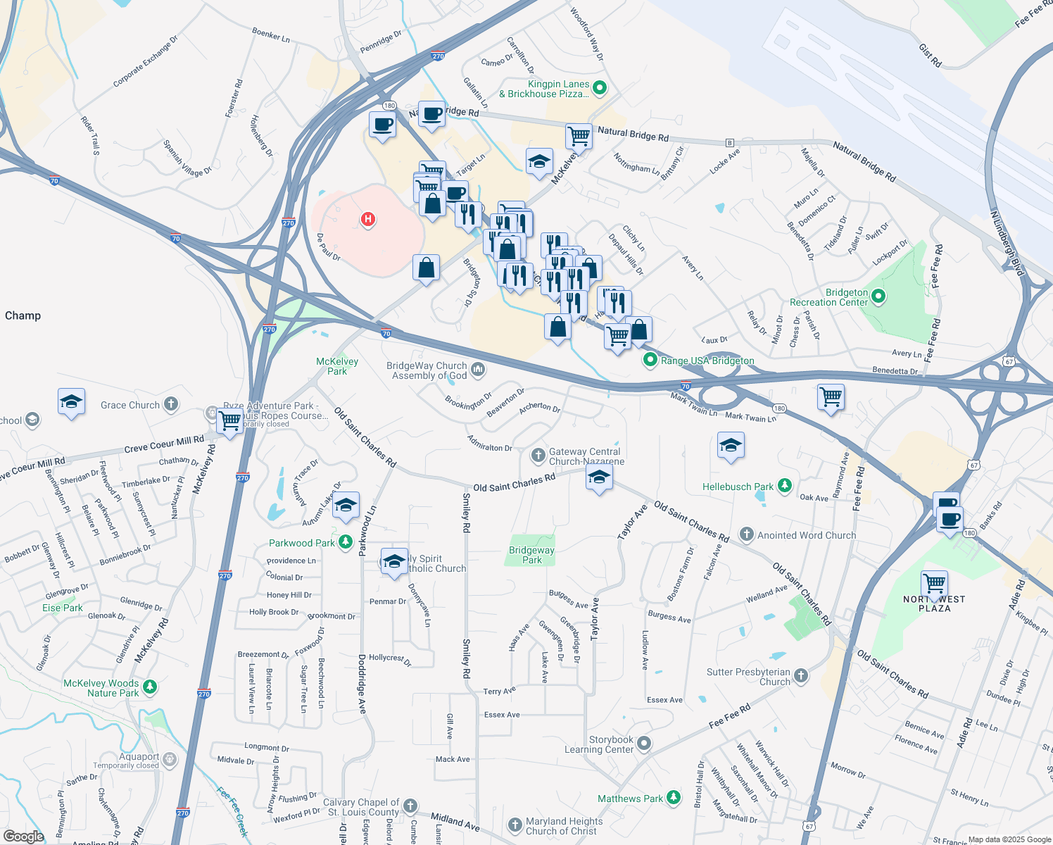map of restaurants, bars, coffee shops, grocery stores, and more near 11825 Birmington Drive in Bridgeton