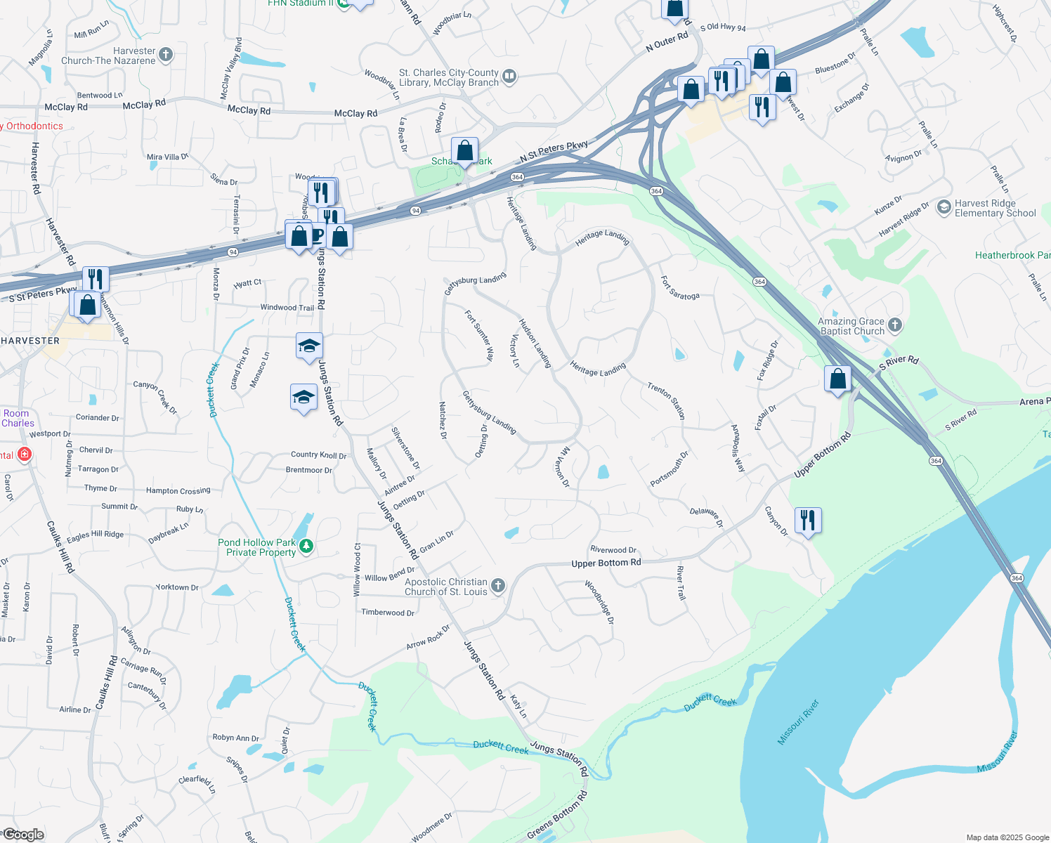 map of restaurants, bars, coffee shops, grocery stores, and more near 1616 Burnside Lane in Saint Charles