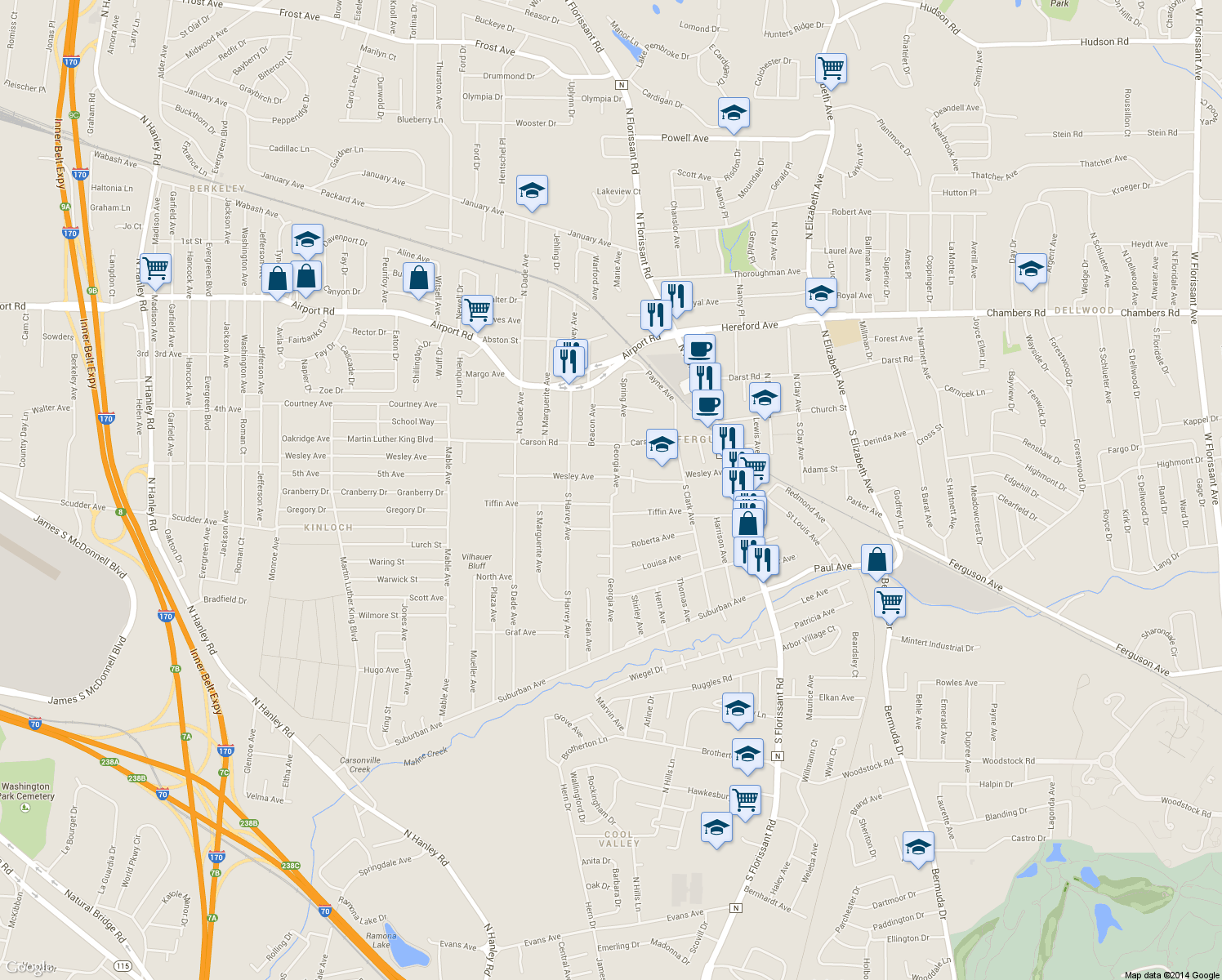 map of restaurants, bars, coffee shops, grocery stores, and more near 115 Georgia Avenue in Ferguson