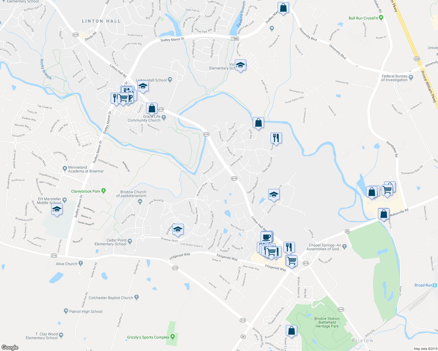 map of restaurants, bars, coffee shops, grocery stores, and more near 9901 Bagpipe Court in Bristow