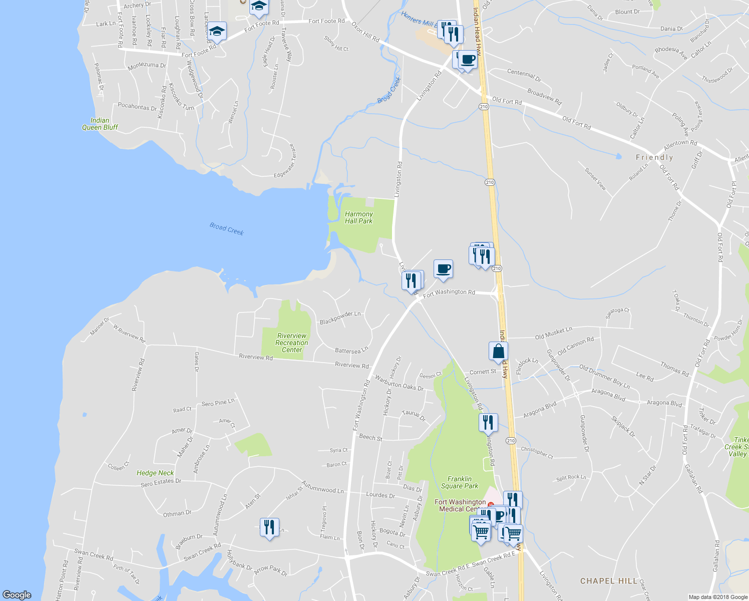 map of restaurants, bars, coffee shops, grocery stores, and more near 309 Battersea Lane in Fort Washington