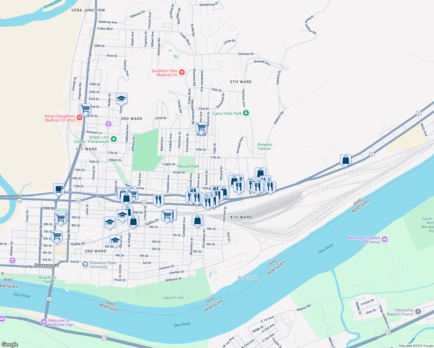map of restaurants, bars, coffee shops, grocery stores, and more near 2210 Grant Street in Portsmouth