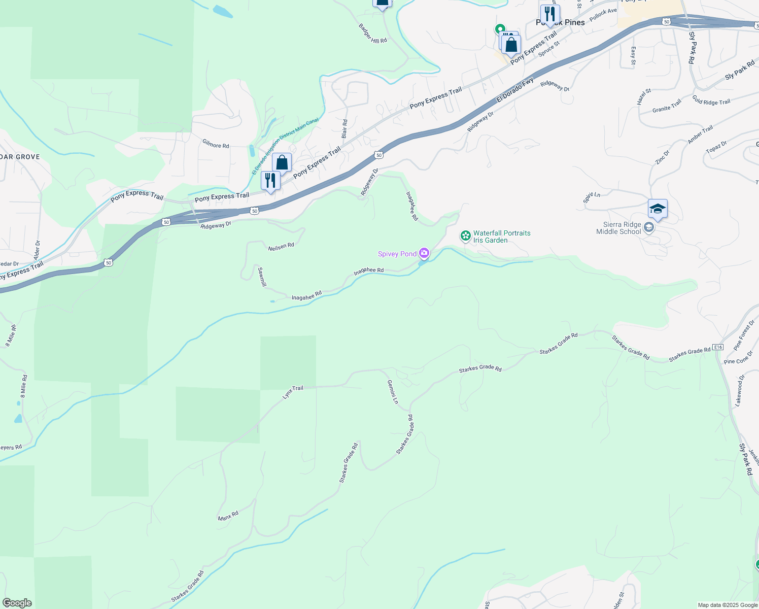 map of restaurants, bars, coffee shops, grocery stores, and more near 7700 Saint John Road in Pollock Pines