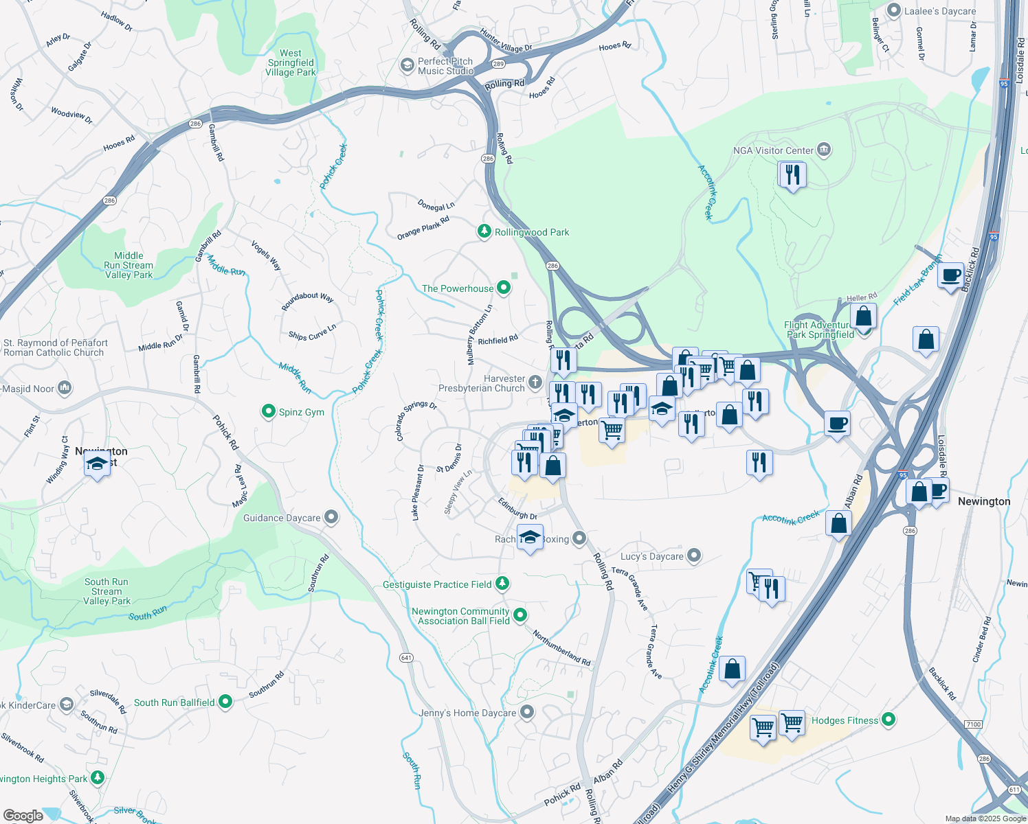 map of restaurants, bars, coffee shops, grocery stores, and more near 7834 Attleboro Dr in Springfield