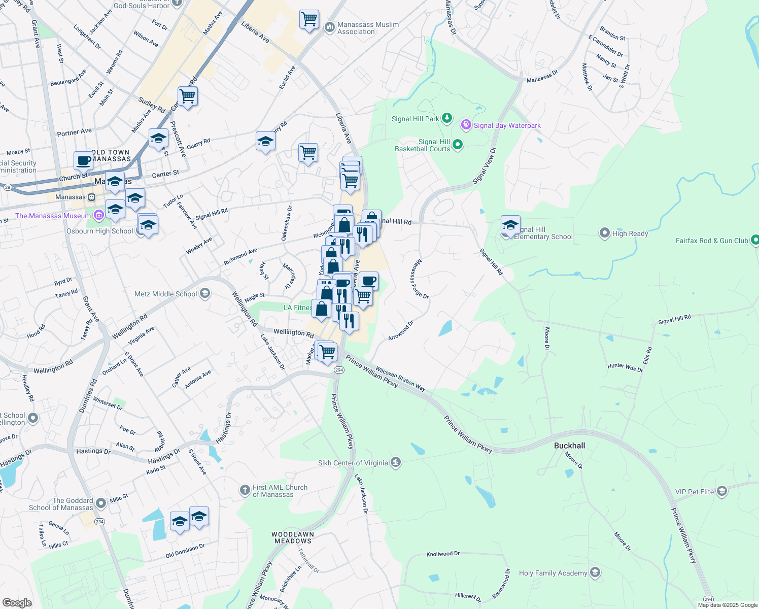 map of restaurants, bars, coffee shops, grocery stores, and more near 9702 Janet Rose Court in Manassas