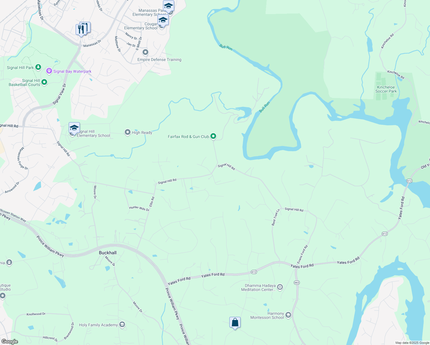 map of restaurants, bars, coffee shops, grocery stores, and more near 7019 Signal Hill Road in Manassas