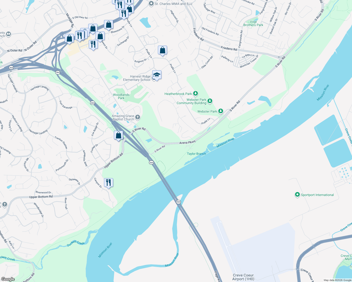 map of restaurants, bars, coffee shops, grocery stores, and more near 2700 Arena Parkway in Saint Charles