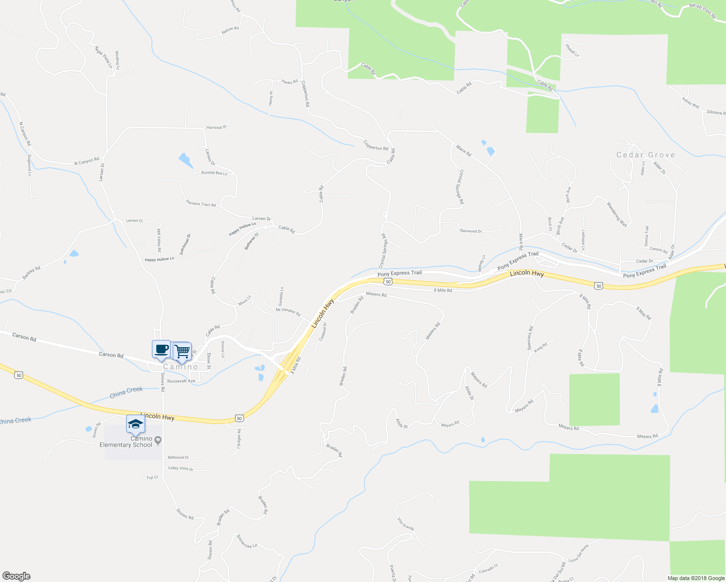 map of restaurants, bars, coffee shops, grocery stores, and more near 4466 8 Mile Road in Camino