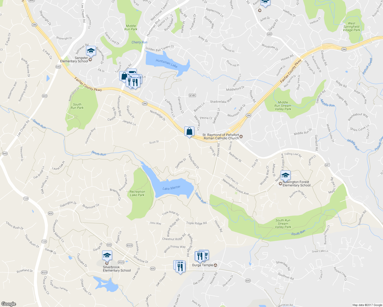 map of restaurants, bars, coffee shops, grocery stores, and more near 7817 Valleyfield Drive in Springfield