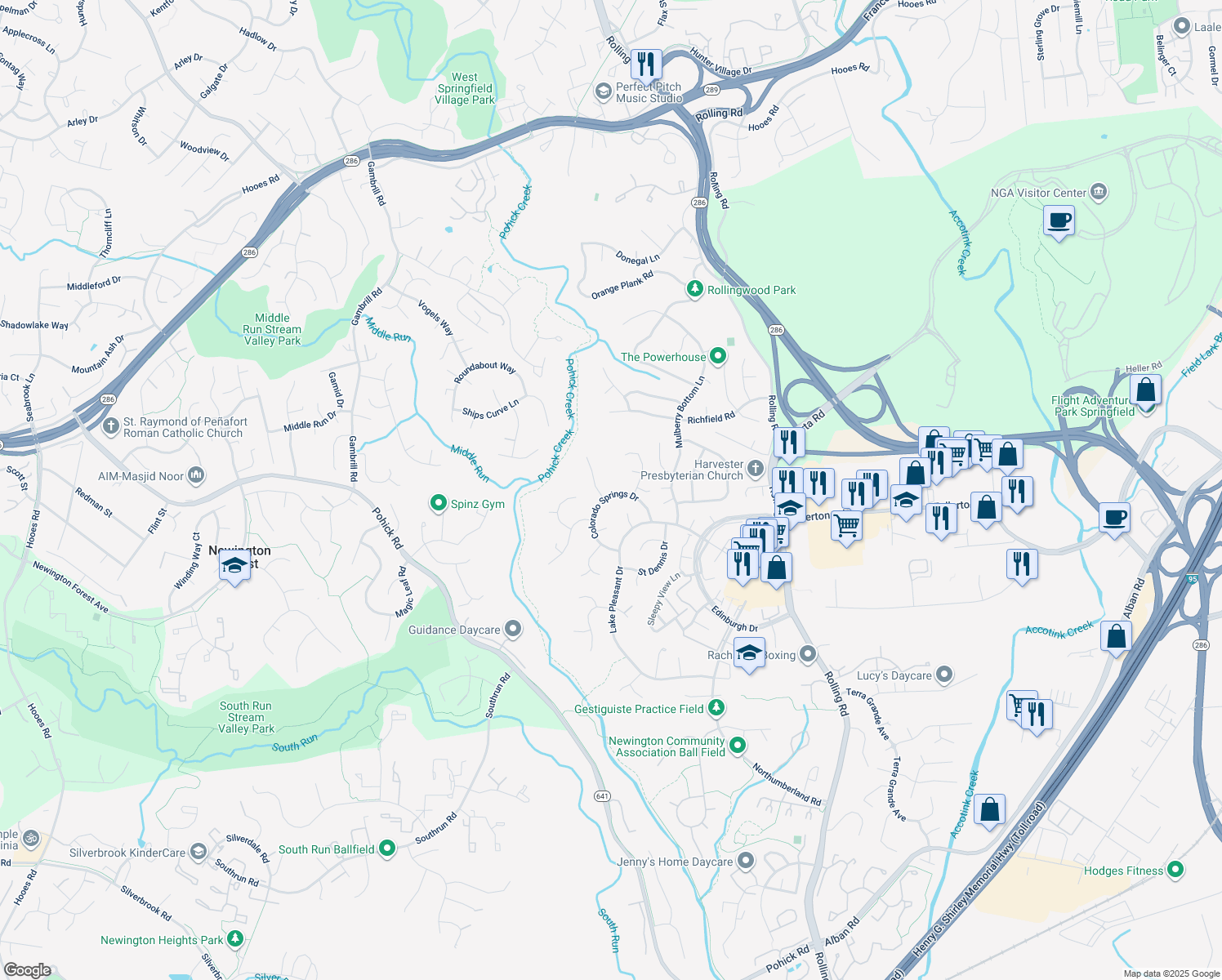 map of restaurants, bars, coffee shops, grocery stores, and more near 7920 Colorado Springs Drive in Springfield