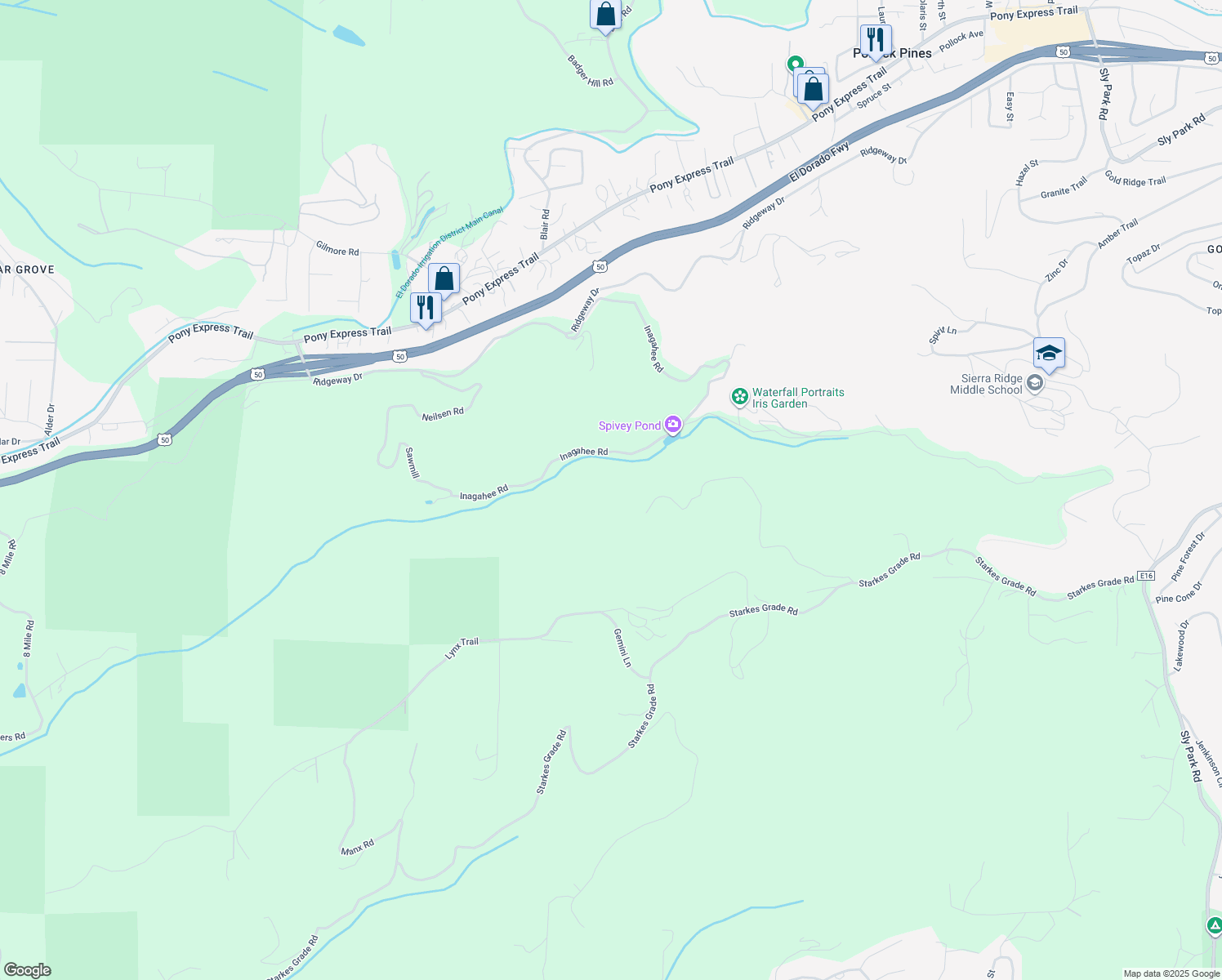 map of restaurants, bars, coffee shops, grocery stores, and more near 7700 Saint John Road in Pollock Pines