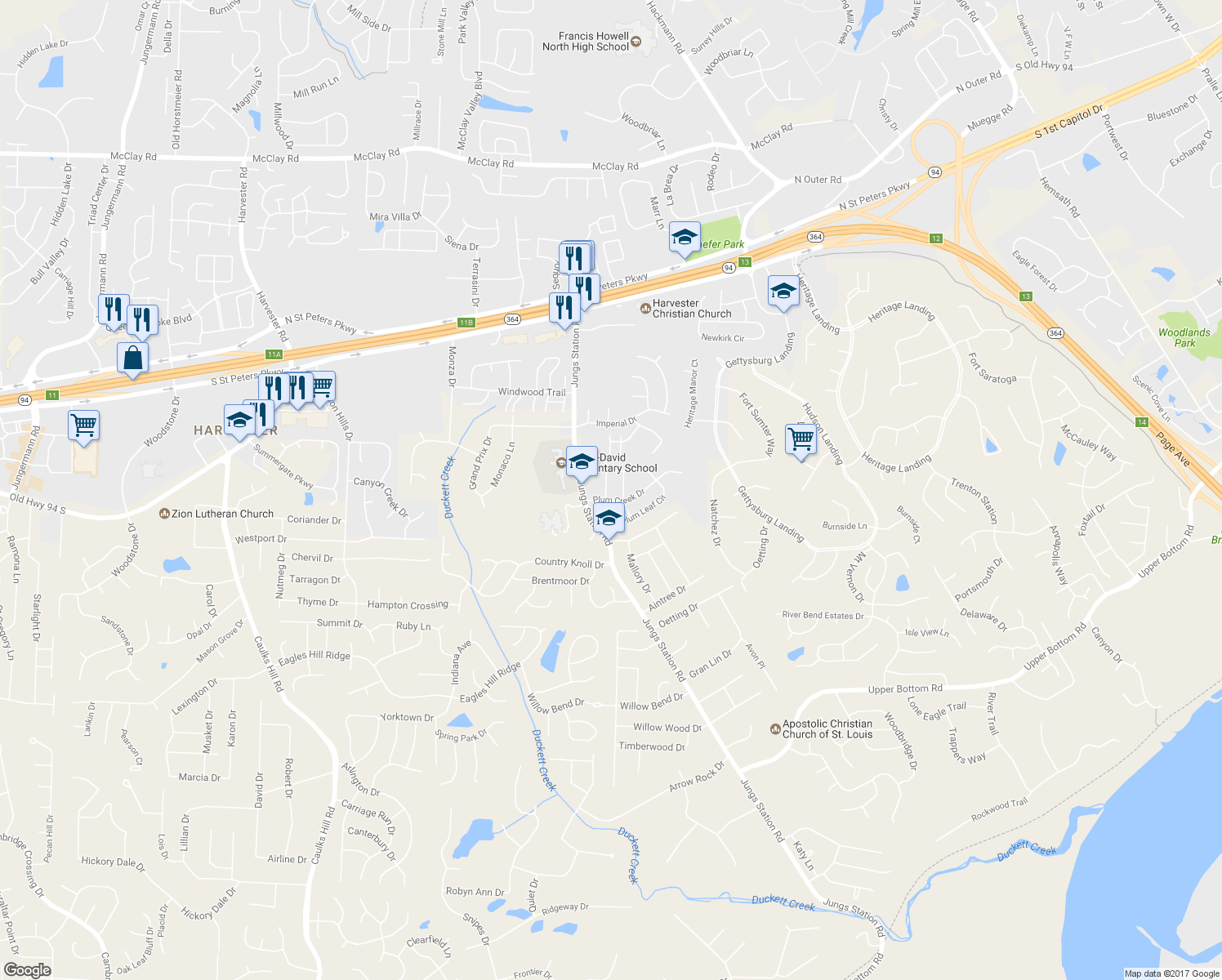 map of restaurants, bars, coffee shops, grocery stores, and more near 1106 Wild Plum Dr in St Peters