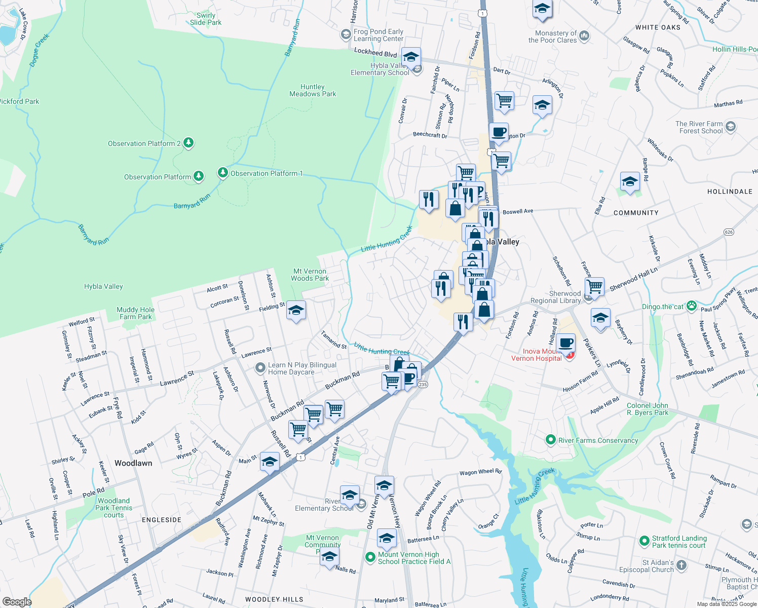 map of restaurants, bars, coffee shops, grocery stores, and more near 7945 Janna Lee Avenue in Alexandria