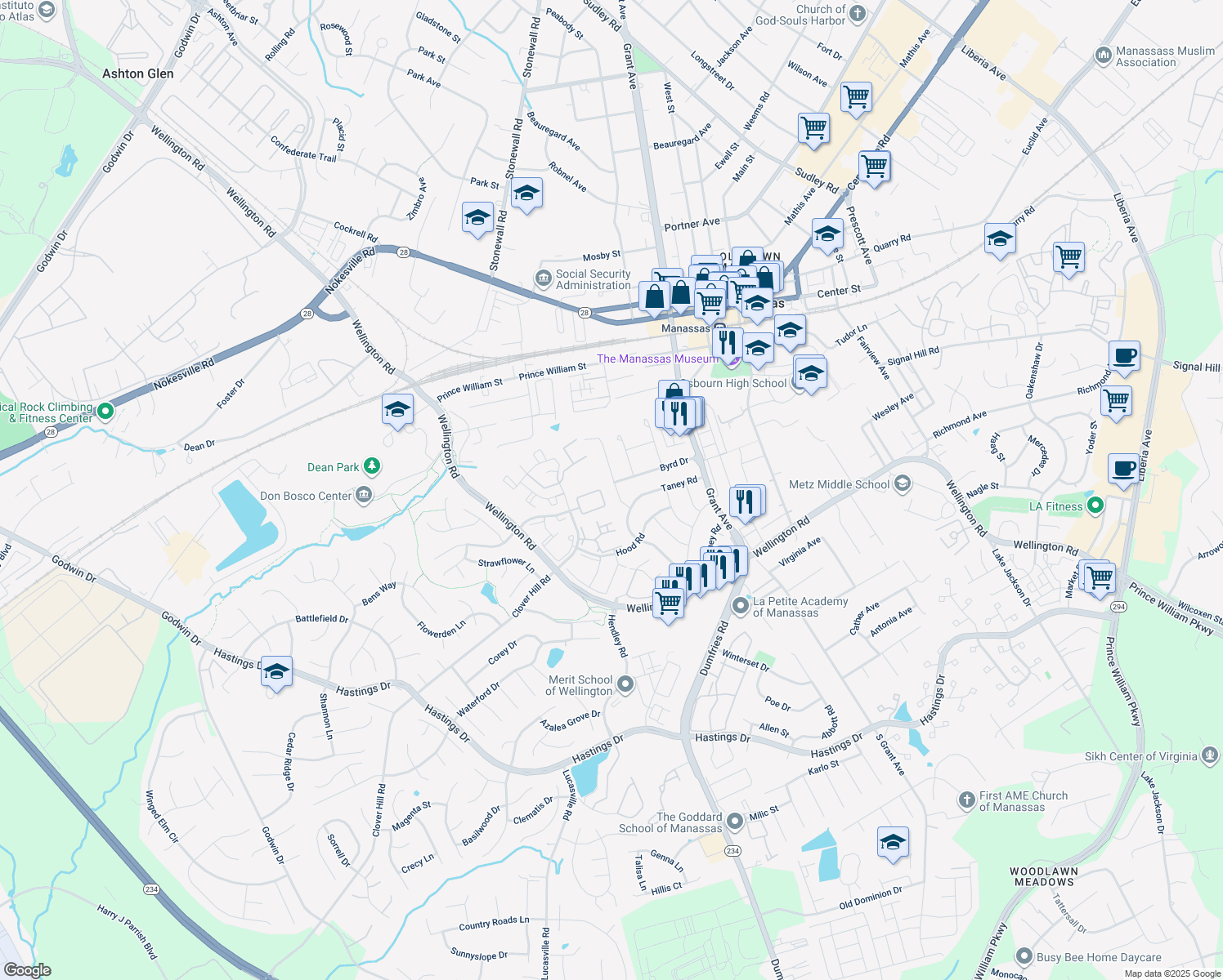 map of restaurants, bars, coffee shops, grocery stores, and more near 9778 Bragg Ln in Manassas