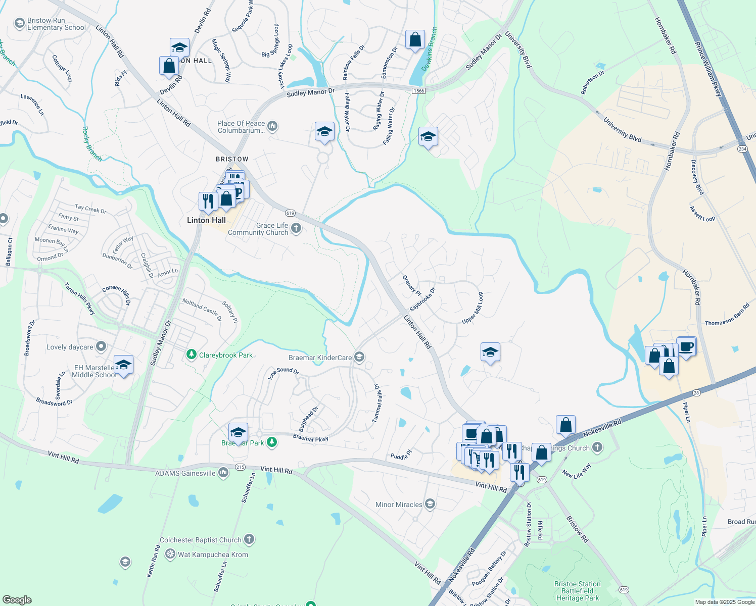 map of restaurants, bars, coffee shops, grocery stores, and more near 9762 Runner Stone Place in Bristow