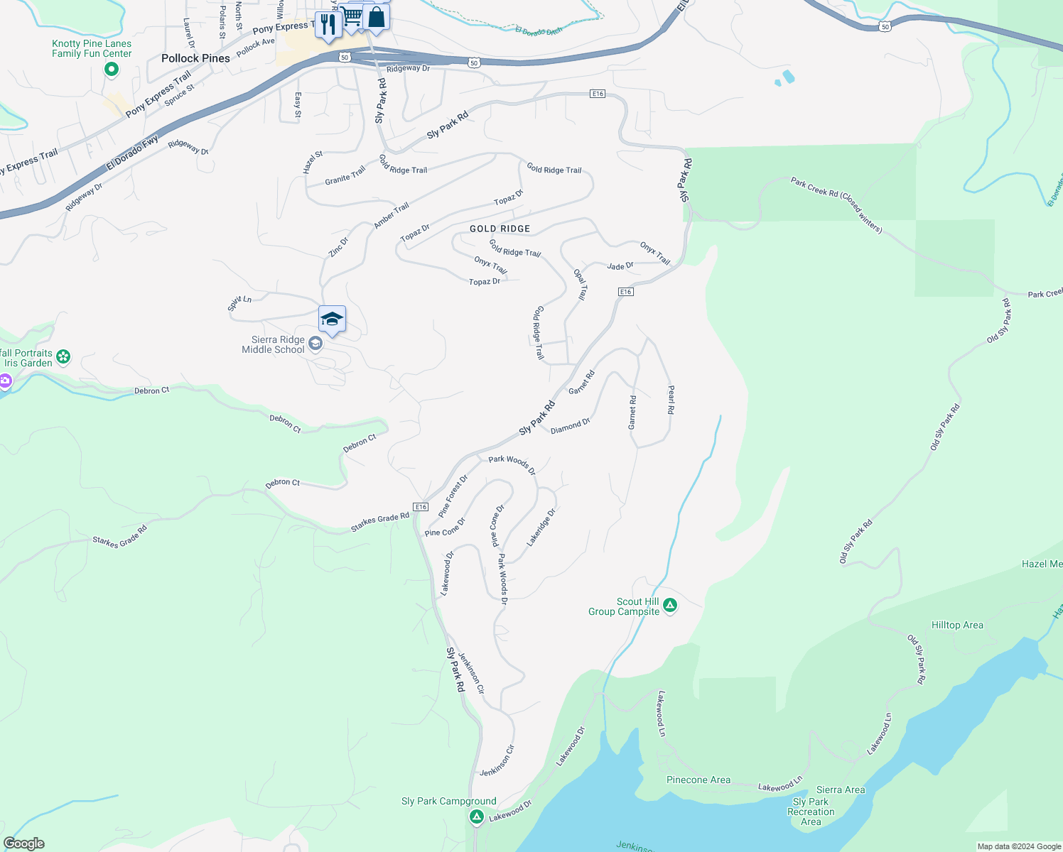 map of restaurants, bars, coffee shops, grocery stores, and more near Sly Park Road in Pollock Pines