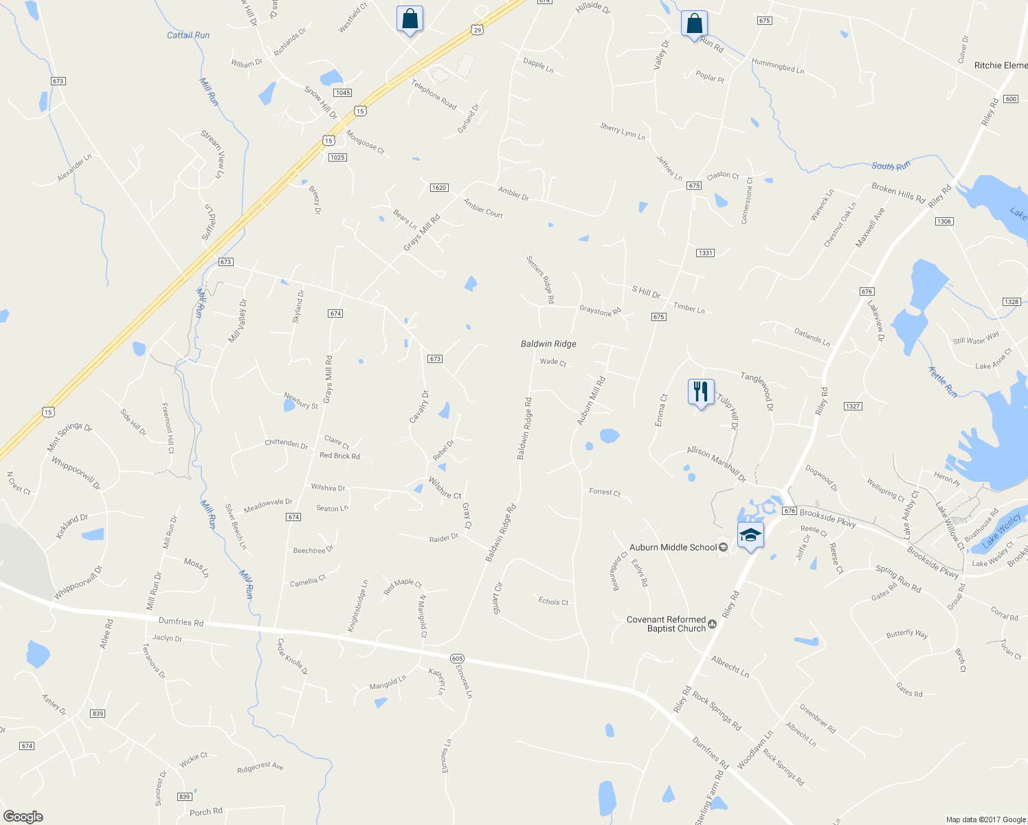 map of restaurants, bars, coffee shops, grocery stores, and more near 7158 Baldwin Ridge Road in Warrenton