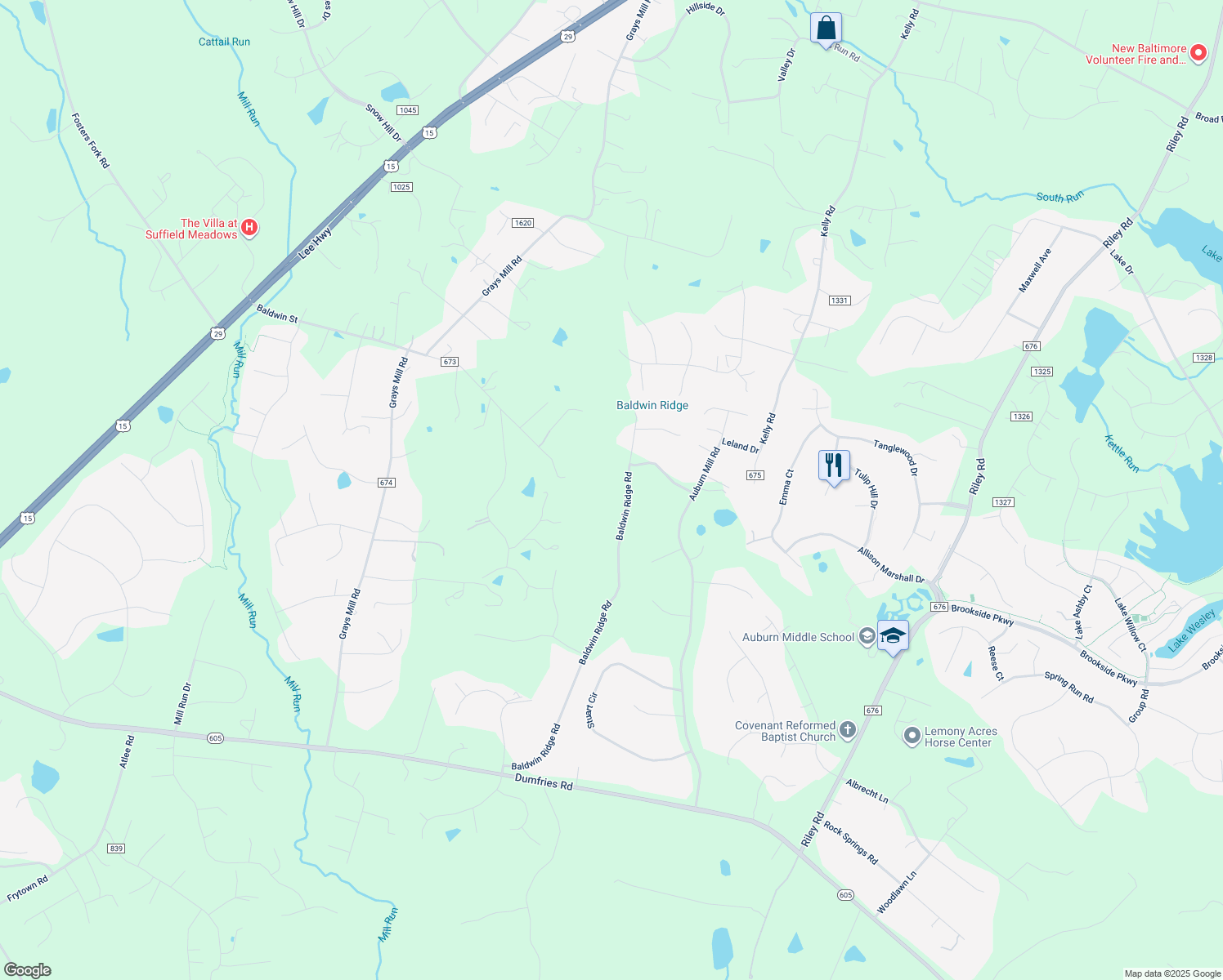 map of restaurants, bars, coffee shops, grocery stores, and more near 7158 Baldwin Ridge Road in Warrenton
