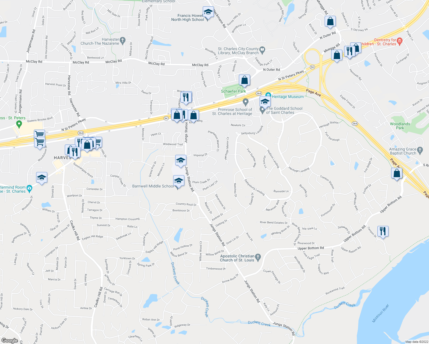 map of restaurants, bars, coffee shops, grocery stores, and more near 2830 Plum Leaf Circle in St. Peters