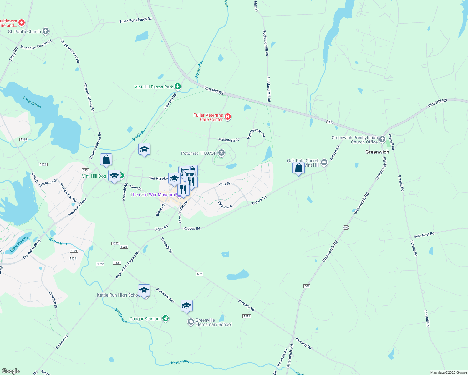 map of restaurants, bars, coffee shops, grocery stores, and more near 4057 Cray Drive in Warrenton