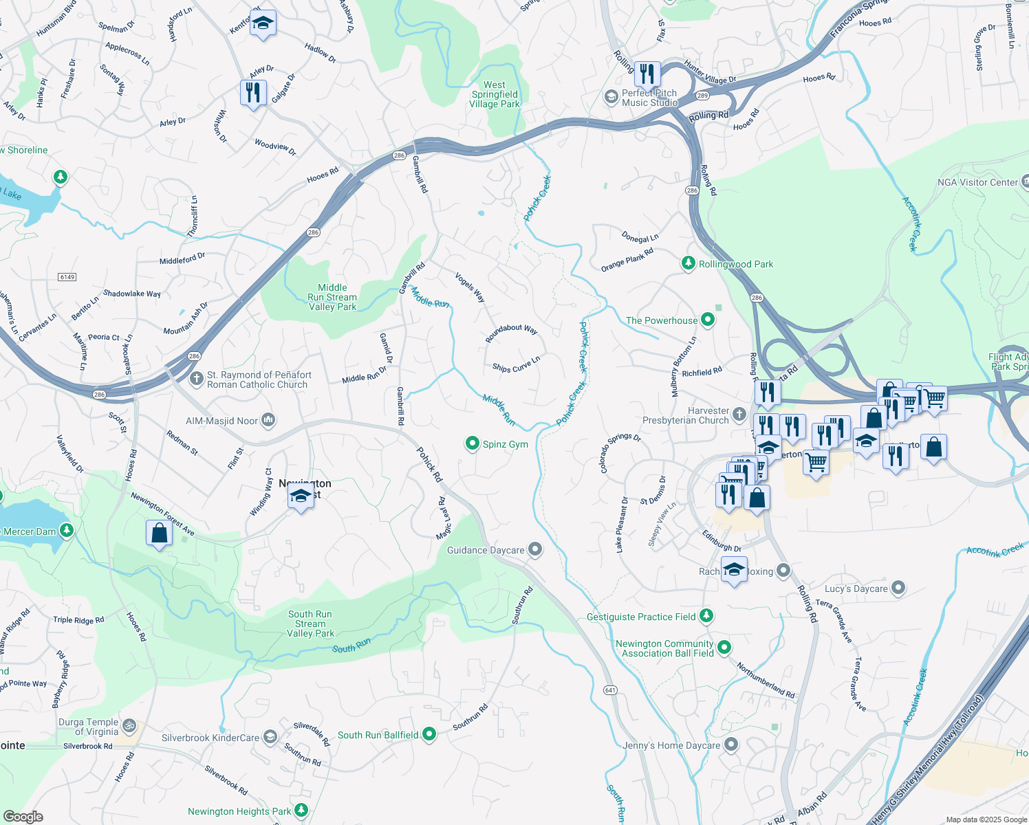 map of restaurants, bars, coffee shops, grocery stores, and more near 8115 Chars Landing Court in Springfield