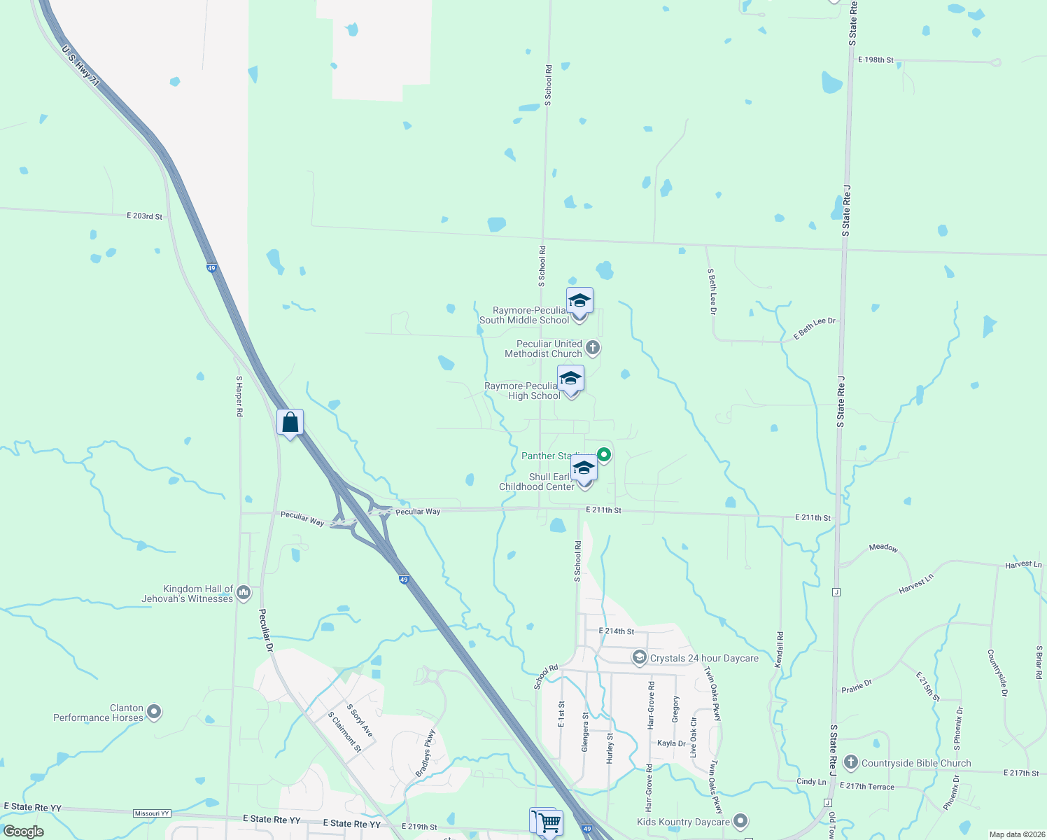 map of restaurants, bars, coffee shops, grocery stores, and more near 11502 East 208th Street in Peculiar