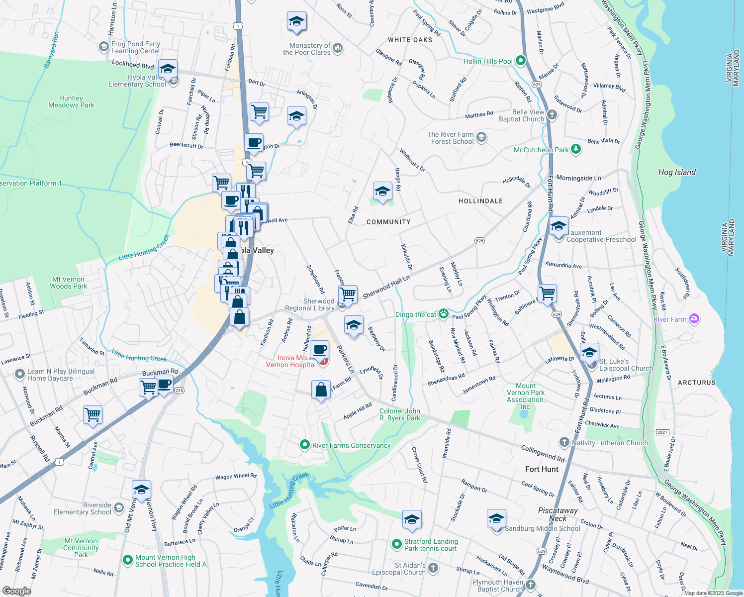 map of restaurants, bars, coffee shops, grocery stores, and more near 2403 Sherwood Hall Ln in Alexandria