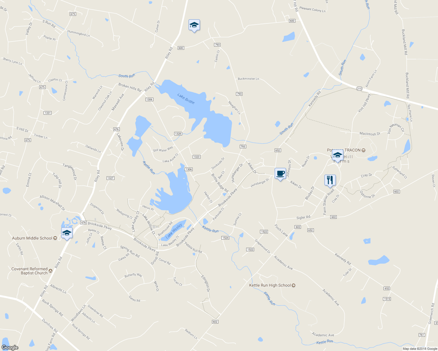 map of restaurants, bars, coffee shops, grocery stores, and more near 4604 Bee Court in Warrenton