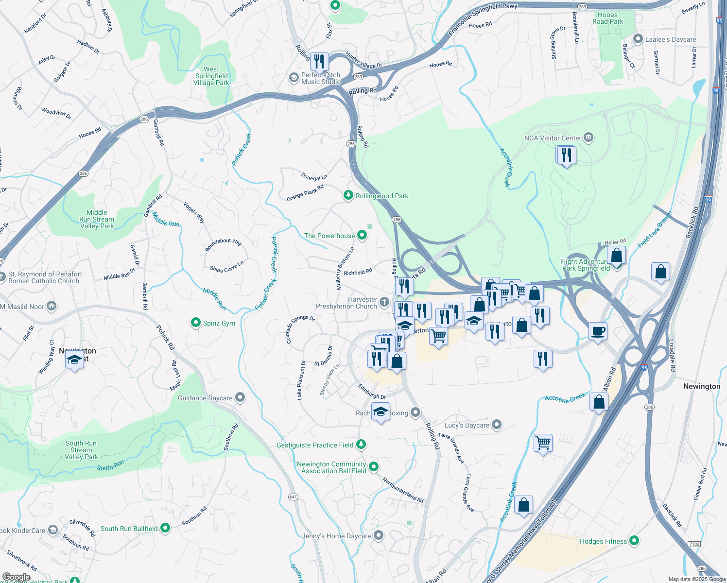 map of restaurants, bars, coffee shops, grocery stores, and more near 7814 Attleboro Drive in Springfield