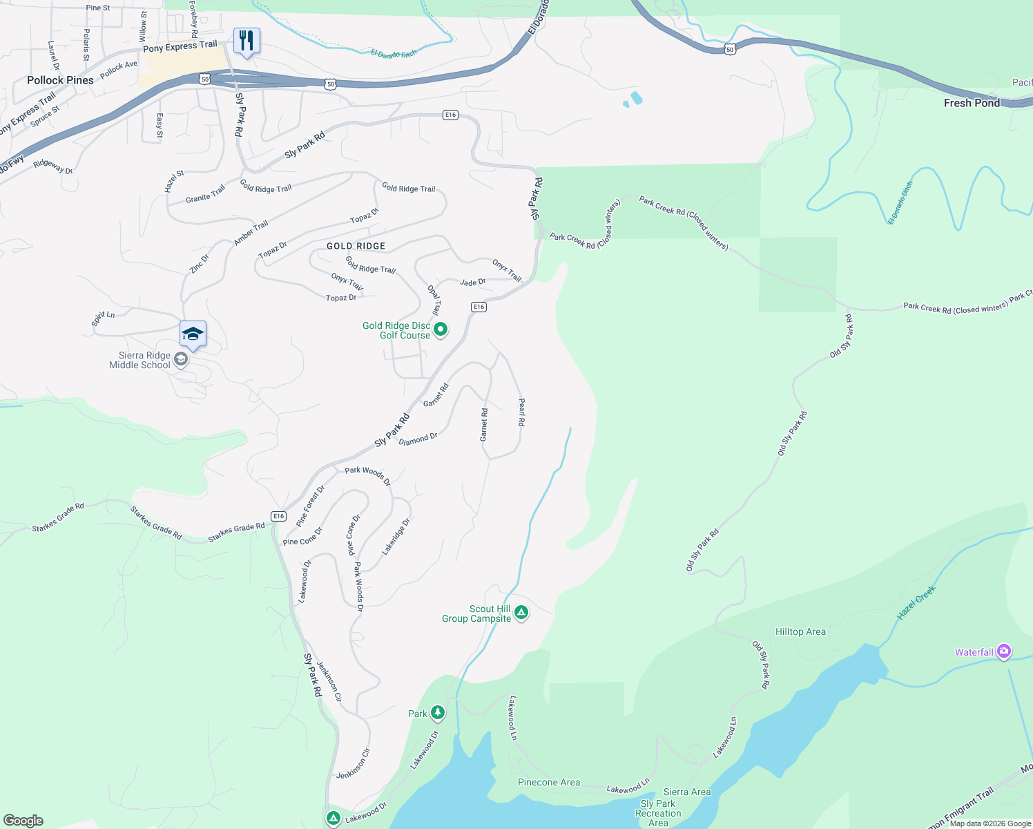 map of restaurants, bars, coffee shops, grocery stores, and more near 4054 Pearl Road in Pollock Pines