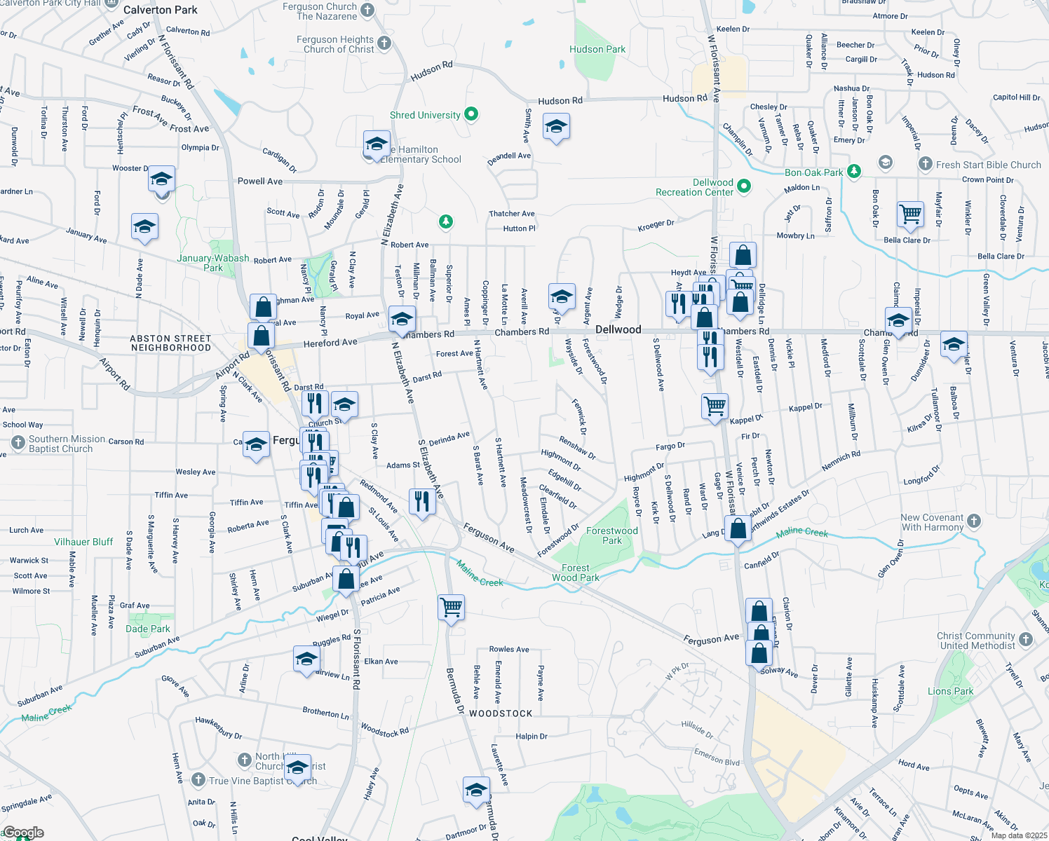 map of restaurants, bars, coffee shops, grocery stores, and more near 40 Dames Court in Ferguson