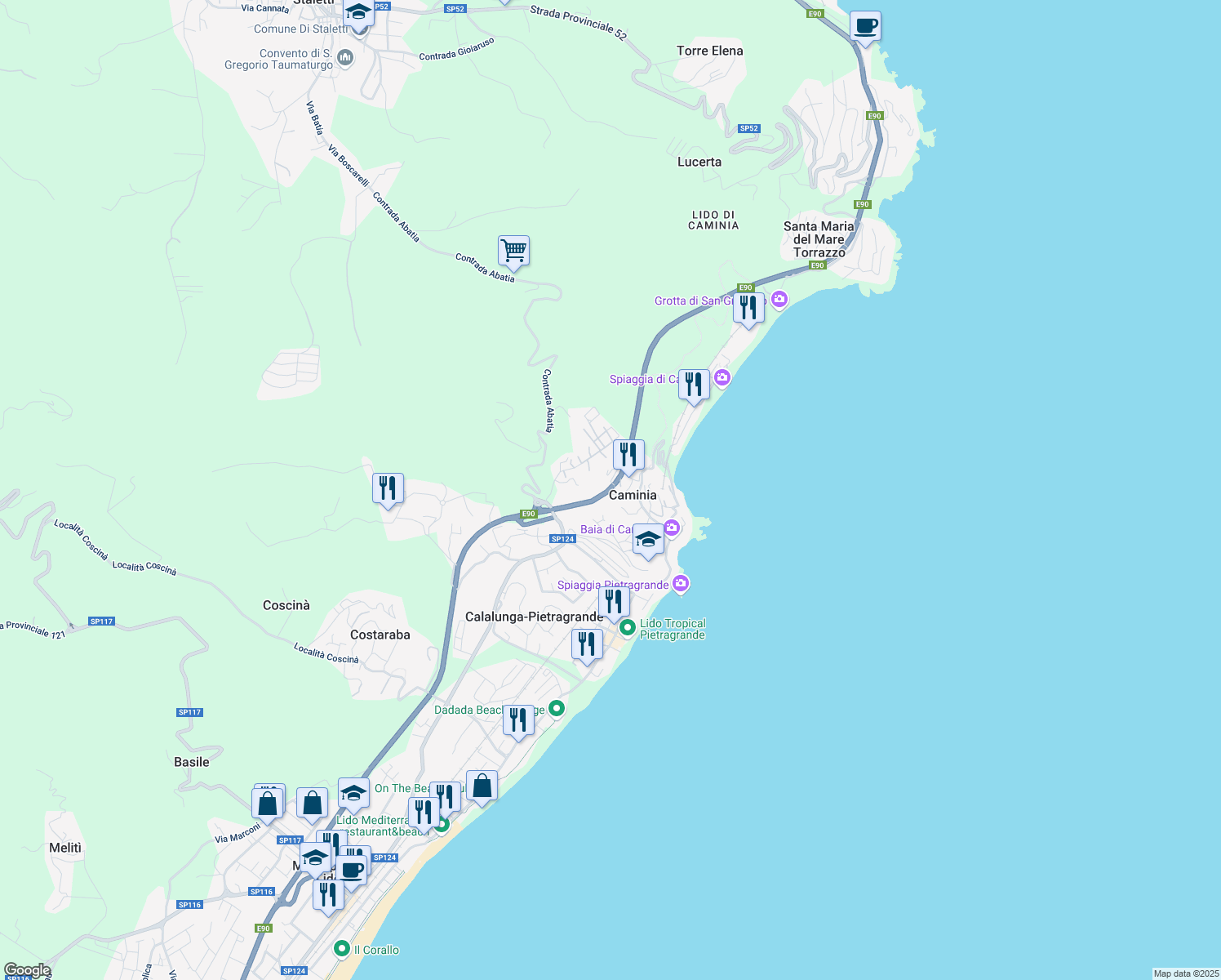 map of restaurants, bars, coffee shops, grocery stores, and more near 171 Strada Statale 106 Jonica in Caminia