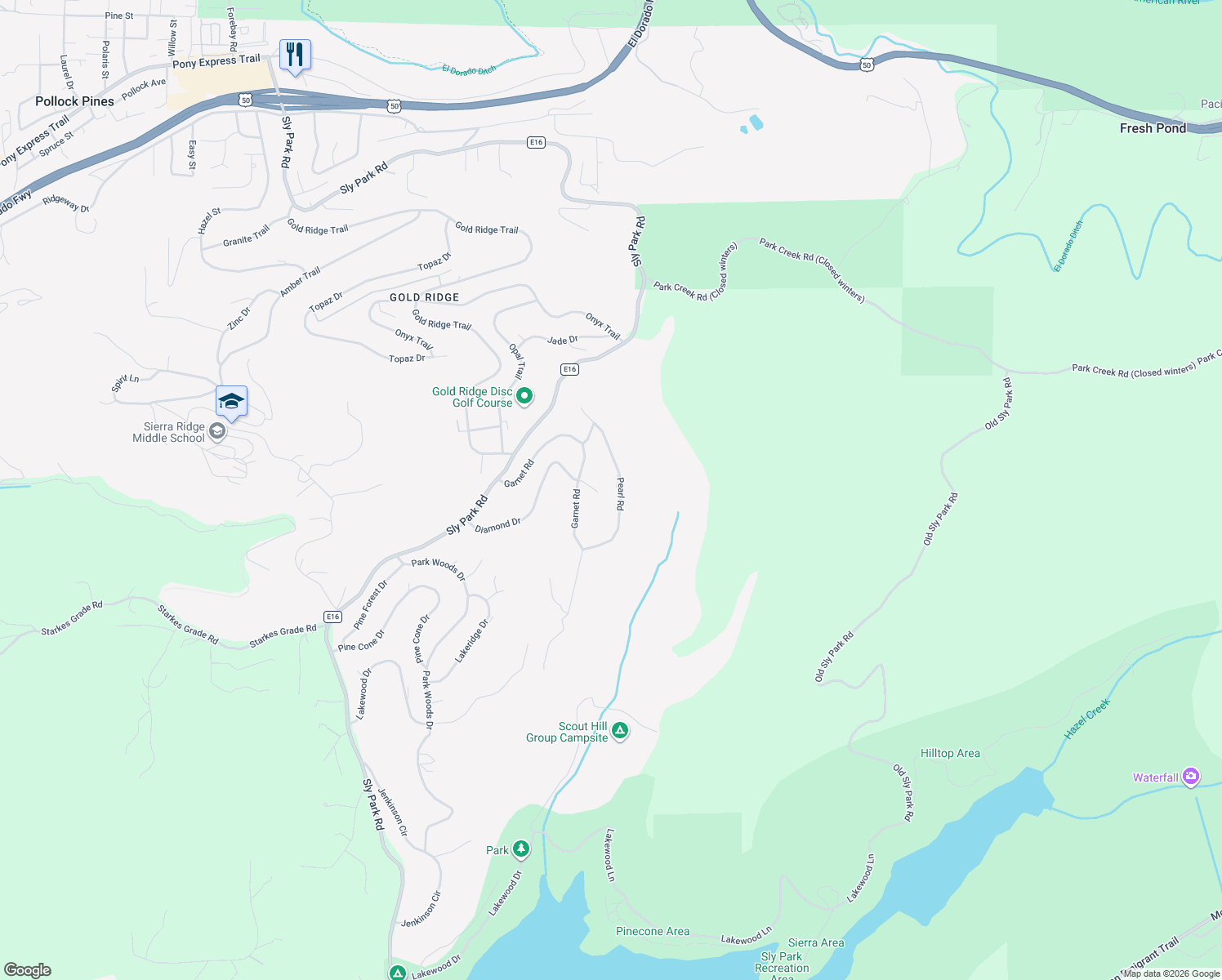 map of restaurants, bars, coffee shops, grocery stores, and more near 4054 Pearl Road in Pollock Pines