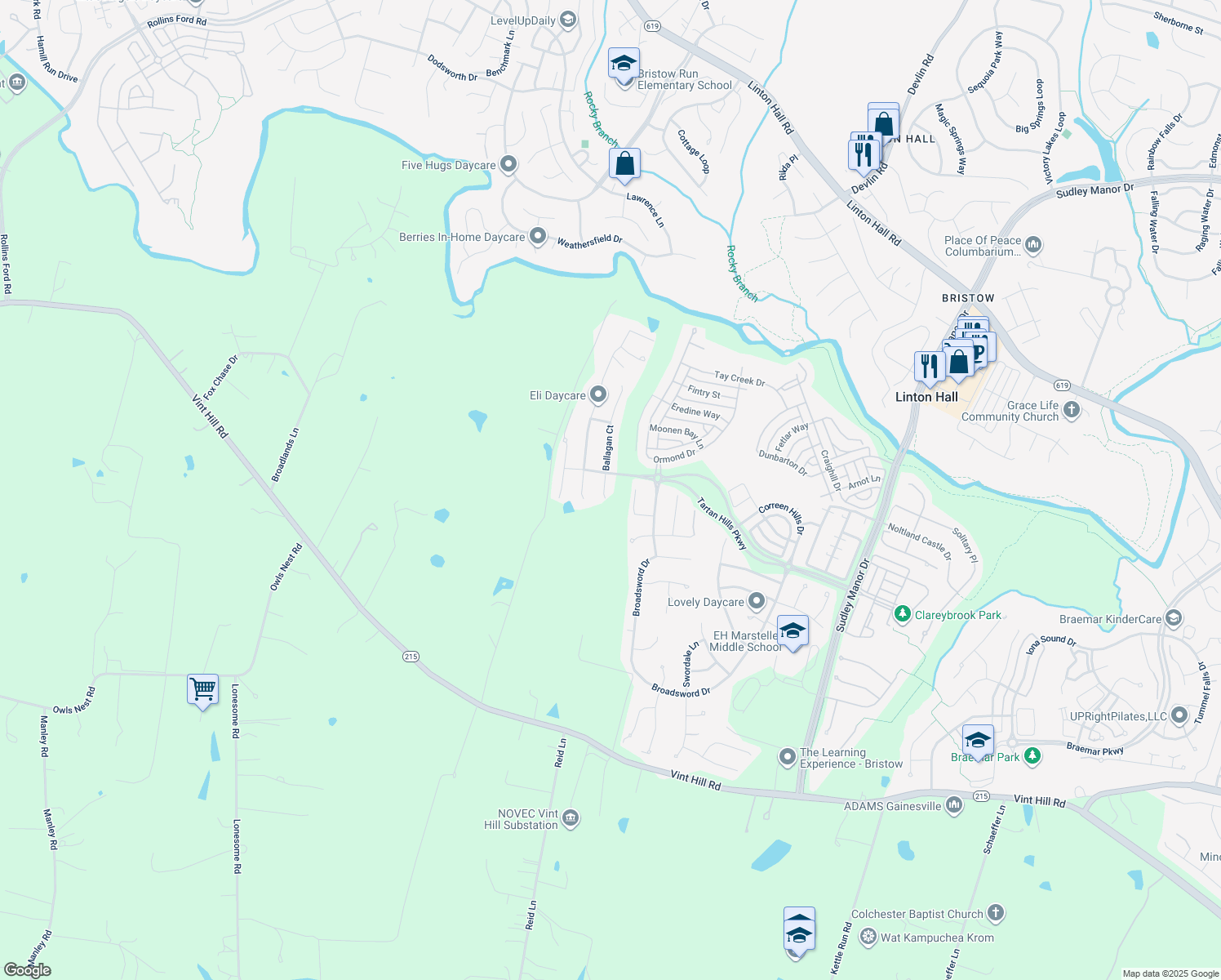 map of restaurants, bars, coffee shops, grocery stores, and more near 9505 Dunblane Ct in Bristow
