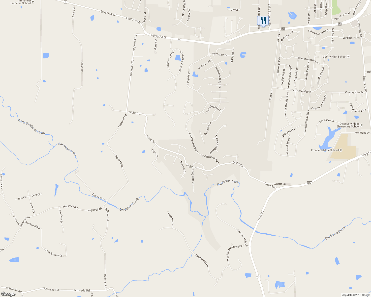 map of restaurants, bars, coffee shops, grocery stores, and more near 210 Willow Park Court in Wentzville